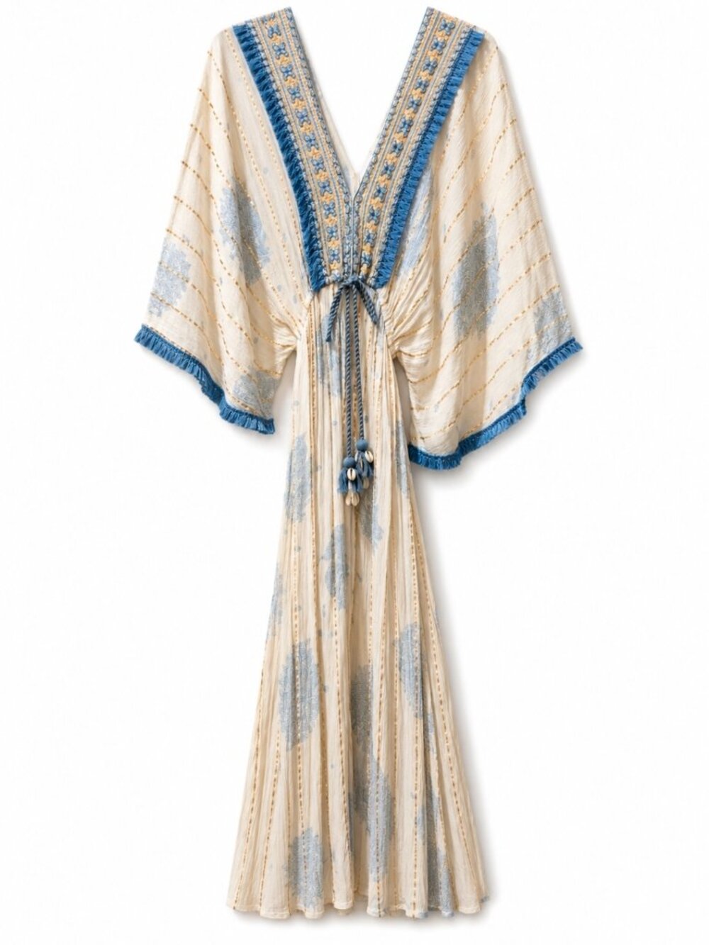 NWT Bohemian Embroidered Maxi Dress with Shell Tassel Tie